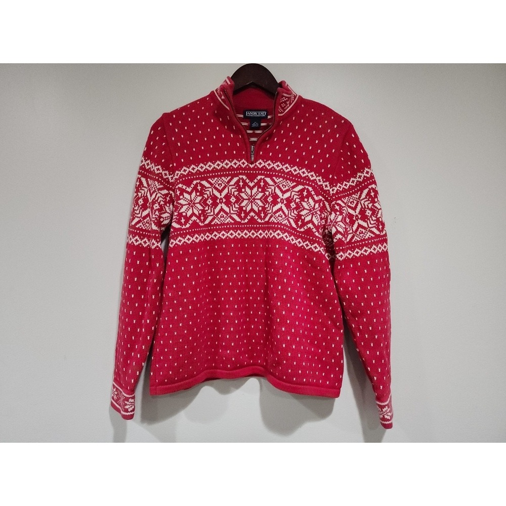 Lands' End Sweater Women Medium 10-12 Red Fair Isle Print Tight Knit Quarter Zip